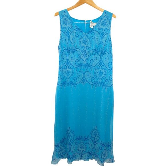 Coldwater Creek Blue Silk Midi Dress Damask Paisley Floral Vines (Misses 14) - Picture 9 of 10